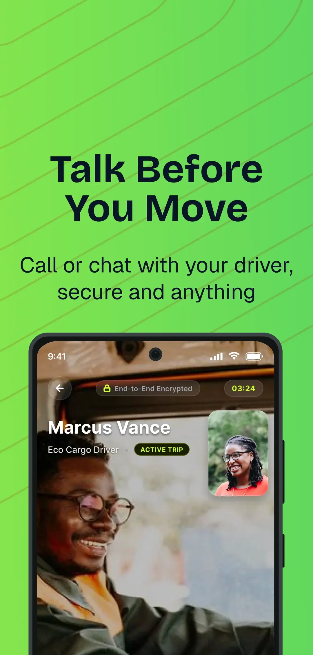 Patch app encrypted video call with a driver