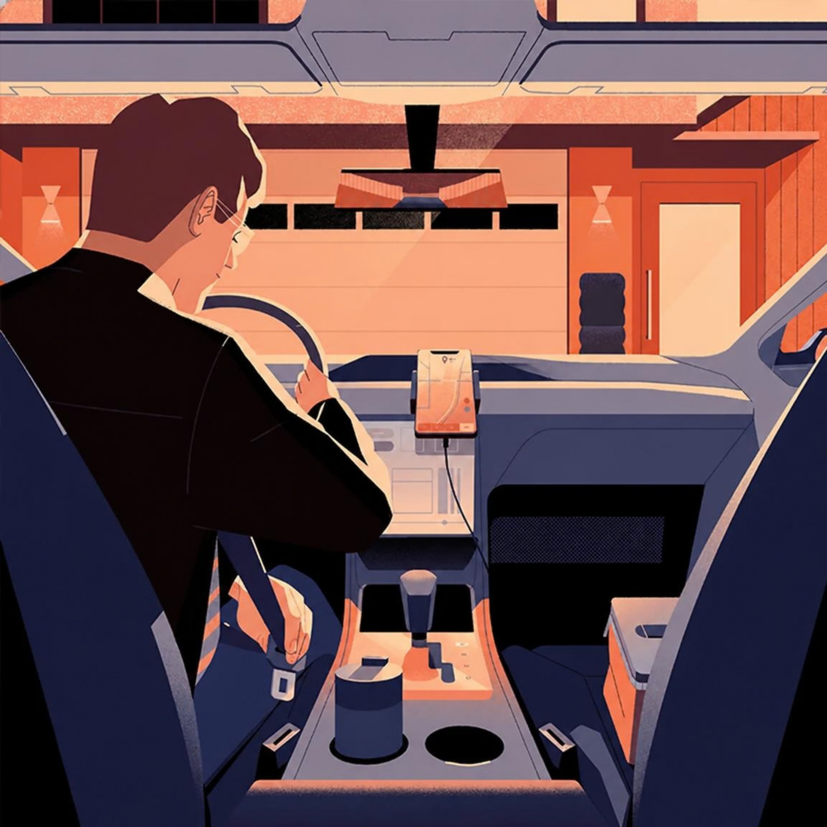 Illustration of a driver at the wheel with the Patch app open on a dashboard phone mount